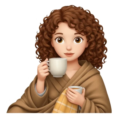 Brown hair Girl with curly hair drinking tea, with a cozy nude blanket sticker