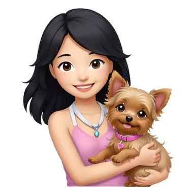 A pretty Asian girl with long, luscious wavy black hair (loose, no hair tie), wearing a cute white sleeveless halter top. She’s smiling warmly while holding a small Yorkshire Terrier in her arms. the dog is wearing a pink collar.  sticker