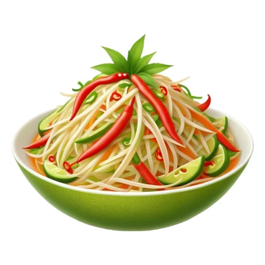 Cinematic Realistic Som Tam (Papaya Salad) Dish Emoji, featuring a spicy, tangy salad of shredded green papaya with chili and lime rendered with crisp textures and bright, lively lighting. sticker