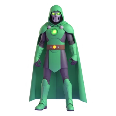 Doctor Doom standing tall with glowing green eyes behind his metal mask, full body view sticker