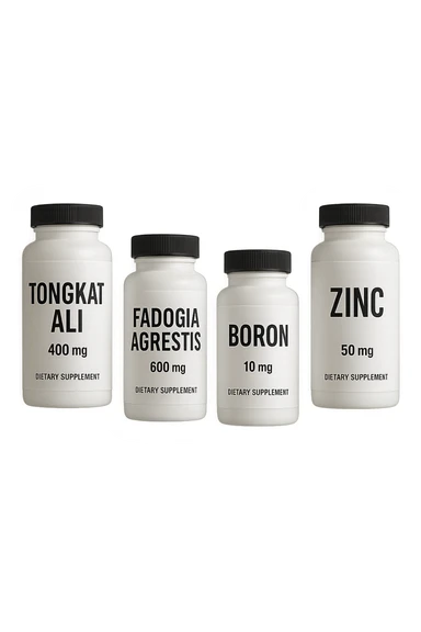 4 boccette di integratore: Tongkat Ali, Fadogia Agrestis, Boron e Zinco fluttuano in aria verticalmente sticker