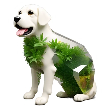 A dog made entirely of glass mirror crystals prisms glass transparent filled with plants as a terrarium sticker