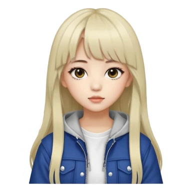 Portrait of a young female K-pop idol, wearing a stylish streetwear outfit with layered clothing, long hair with bangs, cool face sticker