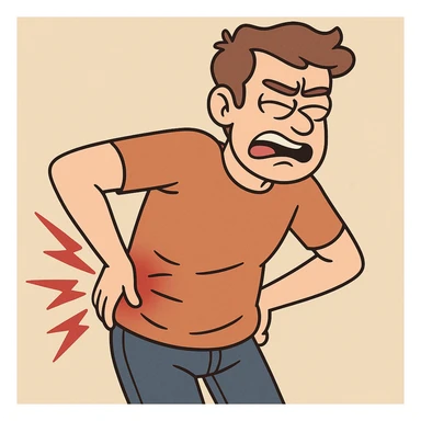 person holding lower back in pain, cartoon style sticker