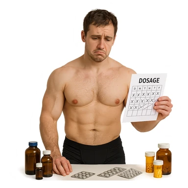 realistic inexperienced bodybuilder with asymmetric muscles, surrounded by bottles and blister packs of drugs, dosage chart with errors, downcast expression, white background, 4K quality sticker