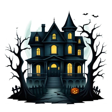 Icon for Horror Movies: A dark, eerie collage featuring iconic horror elements like a haunted house, a full moon, sinister shadows, and creepy creatures emerging from the darkness. The atmosphere should be chilling, with a feeling of suspense and fear. Transparent background. sticker