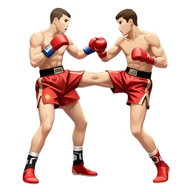 An icon showcasing a high-energy kickboxing match. Two fighters in action, one delivering a powerful roundhouse kick while the other defends with gloves raised. The background features a professional ring with bright lights and a cheering crowd. Transparent background. sticker