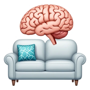 An icon featuring a brain, a couch, and a psychological test, symbolizing the study of psychology. The design includes abstract patterns representing the mind, with a calm, therapeutic setting in the background. Transparent background highlights the exploration of human behavior and mental health. sticker