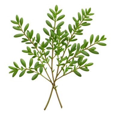 Cinematic Realistic Thyme Emoji, Compact and earthy, with tiny green leaves densely packed on delicate stems. The soft fragrance of the leaves fills the air, creating an atmosphere of warmth and subtle richness. Soft glowing outline, capturing the essence of simplicity and natural healing in a sprig of thyme! sticker