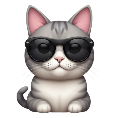 A cool, cartoon-style face cat wearing oversized black sunglasses, sitting confidently with a relaxed expression. The cat has smooth fur, a small smirk, and a playful yet stylish posture. Flat, modern illustration, minimal shading, digital art, white background, iOS emoji aesthetic. sticker