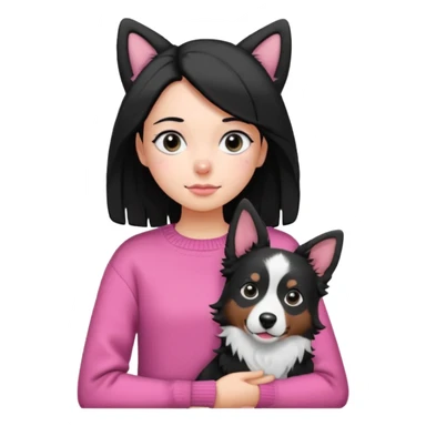 girl with side parted black hair shoulder length black eyes wearing pink sweater carrying black and white border collie with perked ears emoji style sticker