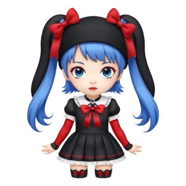 Chibi kawaii girl, violet eyes, black-blue twin tails, red ribbons, red beanie, black & white lolita dress with red accents, white thigh-highs, black mary janes, cute aesthetic. sticker