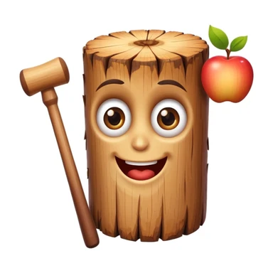 cartoonish wood log with cheerful expression and big eyes, holding a small mallet, white background, bright colors, apple emoji style sticker