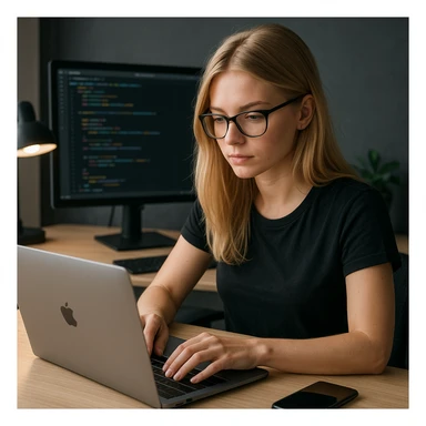 blonde girl with laptop, coding, tech vibe, modern workspace, programming sticker
