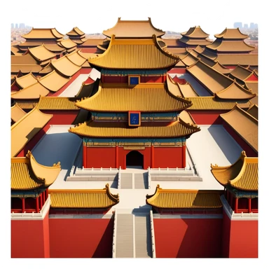 Cinematic Realistic Forbidden City Landmark Emoji, depicting grand imperial architecture with golden rooftops, vast courtyards, and intricate wooden carvings, all surrounded by towering red walls. sticker