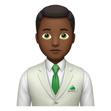 businessman, black skin, white suit vest, green tie sticker