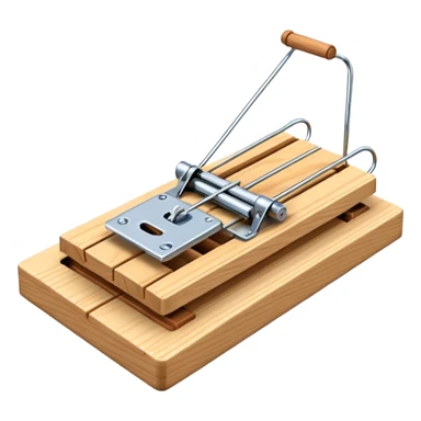 A 3D emoji in iOS emoji aesthetic style of a classic mousetrap without cheese, showing a wooden base and metal spring mechanism, clean minimal design, bright lighting, glossy Apple-style look, white background. sticker