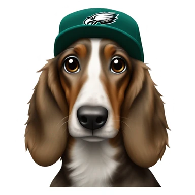 Long Haired Brindle Dacschund wearing Philadelphia Eagles hat sticker