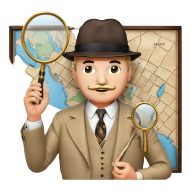 A cinematic-style frame showing Hercule Poirot in his iconic suit with a magnifying glass in a dramatic detective pose. Background should be mysterious city, map, a board with photos of suspects, clues like fingerprints. Transparent background. sticker