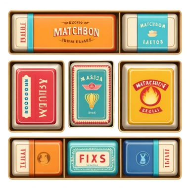 Icon for Matchbox Collecting: a collection of vintage and colorful matchboxes from different places, neatly displayed in a row or in a display case. The icon should reflect the uniqueness and diversity of matchbox collecting. Transparent background. sticker