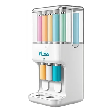 compact upright floss dispenser with sleek modern shape, semi-transparent colored window revealing spool inside, fine strand of floss extending outward, smooth ergonomic white casing with bright accent color, no branding, no teeth, no extras, soft lighting, subtle shadows, emoji scale sticker