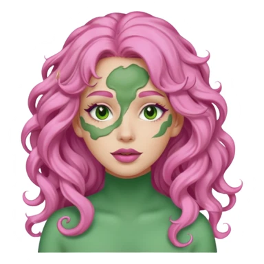 pink haired very long curly haired woman with full full face green clay mask sticker