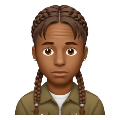 Create an iOS-style emoji of Travis Scott. Neutral facial expression, front-facing head only. Braided hair. Clean Apple emoji style, smooth shading, simple shapes, plain background. sticker