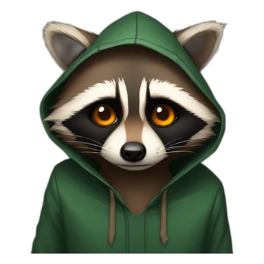 brown raccoon with orange eyes and a dark green hood that is sad sticker