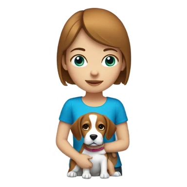 girl with brown short hair and blue eyes holding a beagle sticker