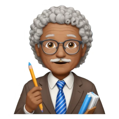 old man teacher, brown skin, curly grey white hai, wearing glasses, brown suit, blue tie hold chalk on hand sticker
