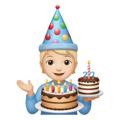 cute baby wearing birthday hat with birthday cake sticker