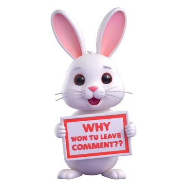 cute 3D bunny, looking sad, holding a sign that says 'Why don't you come to my website and leave me a comment?', charming and modern style sticker