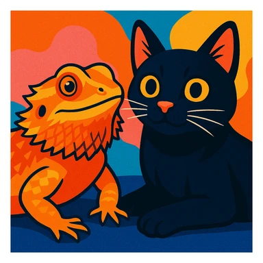 a bearded dragon and a black cat together, friendly, detailed, vibrant toon style sticker