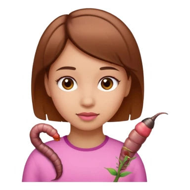 a girl light skin with brown eyes, brown short hair and a worm sticker