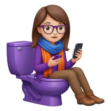 Fille châtain peau blanche avec lunettes. Elle porte une grosse écharpe violette, bleu et orange. Elle assise dans une cuvette de toilette. Téléphone en main. Realiste sticker