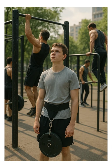 Giovane atleta neofita, fisico normale e non ancora sviluppato, si allena per la prima volta in uno spazio urbano per streetlifting: sbarra per trazioni, parallele, e pesi appesi alla cintura. L’ambiente è un parco cittadino o un’area outdoor sportiva, con luce naturale. L’atleta guarda la sbarra con determinazione e un po’ di insicurezza, ma con forte motivazione. Intorno, altri atleti più esperti. Stile realistico, atmosfera motivazionale, toni energici ma credibili, senso di inizio di un percorso sticker