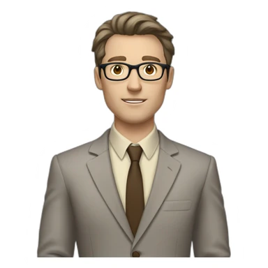 Full height Gesticulating Pale skinned fit man with dark brown hair in gray jacket, beige office shirt, brown tie, brown pants and vintage glasses. sticker