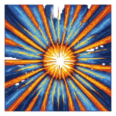 Bomberman explosion center tile animation frame 2, full size bright fiery explosion core, yellows and oranges radiating from center, peak of explosion sticker