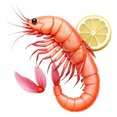 Cinematic glistening shrimp, pink and juicy, slightly curled with a light char, served with lemon wedges, ultra-detailed and fresh, warm glowing background. sticker