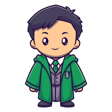 Young wizard in Slytherin uniform with green tie and robe sticker