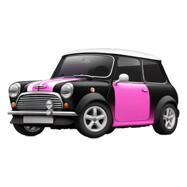 Black mini cooper, white roof, black doors, with hot pink hood stripes sticker