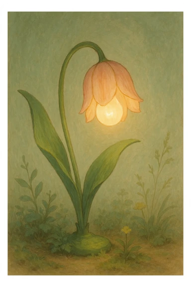 a lamp made out of a tulip flower, the bulb in the flower, natural colors, soft, fairy-like atmosphere,  sticker