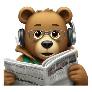 Bear wearing headphones, sitting on a subway train, reading a newspaper. sticker