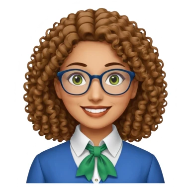 40 yr old Iranian woman, light brown very curly thick hair, shoulder length hair, green eyes, tan skin, big smile, big glasses, blue dress shirt with white cravat on neck sticker