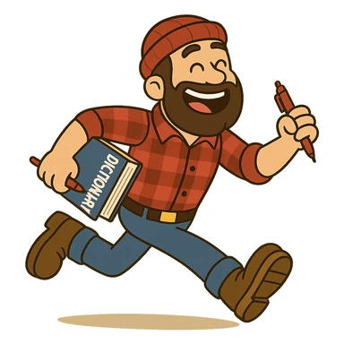 happy lumberjack running, holding a dictionary in one hand and a red pen in the other, dynamic pose, bright colors sticker