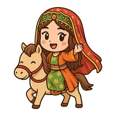 cartoon Kurdish bride wearing traditional female clothes, riding a horse, in a separate frame designed for bride, happy and colorful, no text, suitable for WhatsApp and Instagram sticker, transparent background sticker