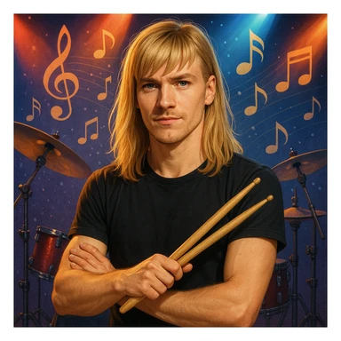 blonde male drummer, long top hair with bangs, holding drumsticks, confident look, music-themed background sticker