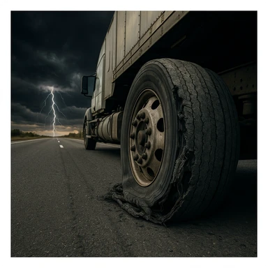 a semi truck tire, flat and damaged, on a highway with a stormy sky and lightning striking, realistic style sticker