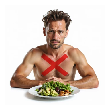 realistic man with dry skin and dull hair sitting in front of a plate with only salad and a large red X over healthy fatty foods like avocado, nuts, olive oil, sad expression, Italian caption: 'Senza grassi buoni: salute e aspetto a rischio', isolated on white background sticker