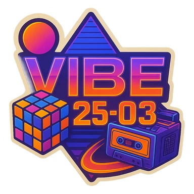 Add a Rubik's cube and a cassette player to this 80's retro VIBE25-03 logo, keeping the neon synthwave style and vibrant colors, with no background. Maintain the vibrant neon synthwave aesthetic and retro vibe. sticker